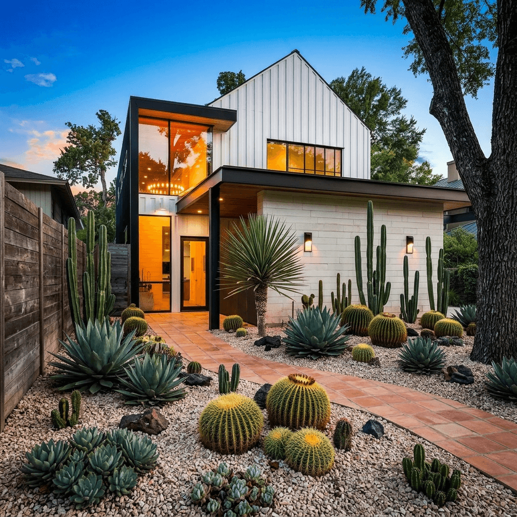 Front view of an Austin house with a desert xeriscape: terracotta tile walkway, pale crushed-rock groundcover, columnar cacti at the rear, agave rosettes and barrel cacti mid-height, and small succulents with dark rock accents.
